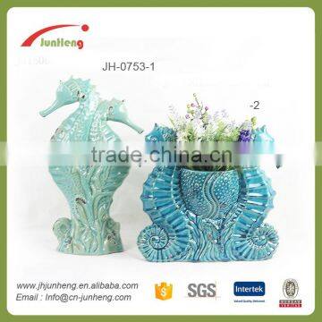 home & garden glazed blue ceramic outdoor pots, seahorse fountain decor