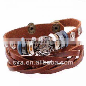 Cow Leather Rope Wooden Bronze Tin Alloy Bead Bracelet