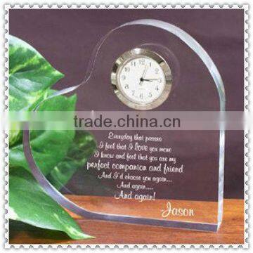 Clear Crystal Heart Engraved Clock For Wedding Gifts