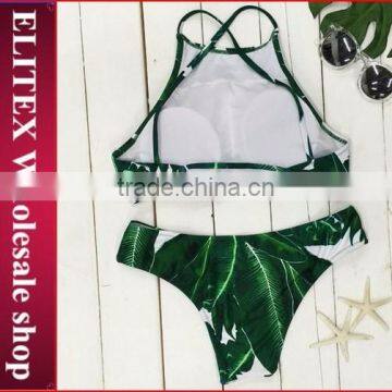 2017 Newest Halter Green Leaves Print Sexy Micro Bikini CK371 photo-2
