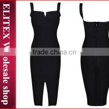 2015 Newest unique high quality black open fork hem wholesale bandage dress