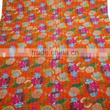 Orange Color KANTHA QUILT FLORAL COTTON BEDSPREAD BLANKET THROW COVERLET Flower photo-2