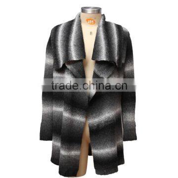 Striped Acrylic Women Cardigan Sweater With Turn Down Collar And Long Sleeves