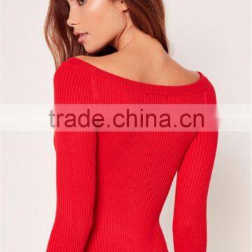 Red Opening Soulder Raglan Sleeve Bodysuit Cotton Blends Long Sleeve Sexy Plain Sweater photo-6