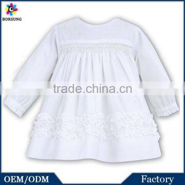 Silk Grace White Long Sleeve Embroidered Christening Handmade Smocked Bishop Ruffle Dress