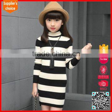 2017 New dasign long sleeve high neck striped full print kids dress