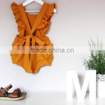 Toddler Girl Cotton Flutter Sleeves Romper Mustard Yellow Baby One Piece Clothes photo-3