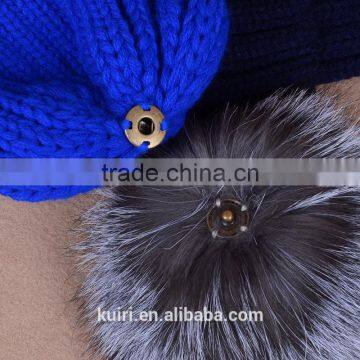 knitted hat with snap silver fox fur ball on top