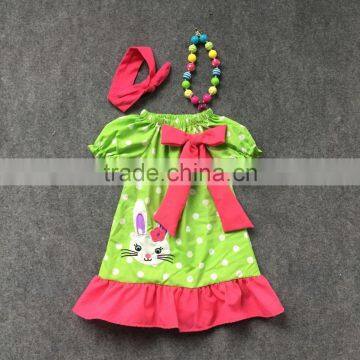 2016 new design baby clothes Easter dresses cottom bunny chevron dress sleeve with matching necklace and bow set