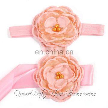 Satin Flower Sash Matching Baby Headband Gold Layered Flower Sash Belt Flowergirl Headband photo-2