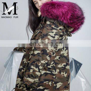 2016 Hot Sell Chinese Military Big Raccoon Fur Collar Parka Real Fox Fur Linling Camouflage Coat Women Winter Parka photo-2