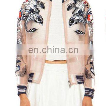 Factory Customized Apricot Long Sleeve Embroidered Organza Jacket For Women