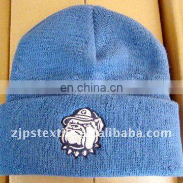 Bulldog Embroidery Blue Knitted Winter Beanie