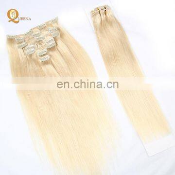 Wholesale Clip in Hair Extensions 613# Color 7 Piece Set Double Thread Sewns Sillky Straight Remy Human Hair