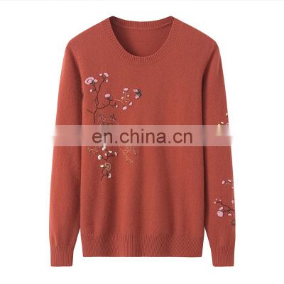 Women's 100% Cashmere Winter Pullover Old Age Custom Embroidered Floral Flowers O-Neck Casual Style Knit Sweater