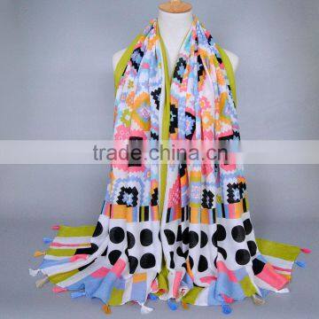 2016 Newest Polka Dot Printed Hand Sewing Tassels Women Voile Scarf                        
                                                Quality Choice