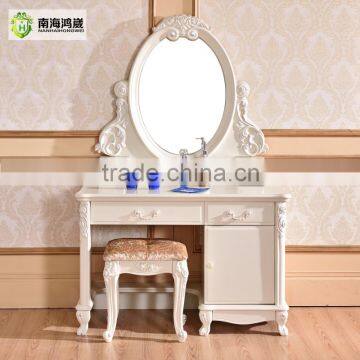 Luxury Antique European French Baroque Style Ivory White Hand Carved Wooden MDF Vanity Dressing Table Set photo-2
