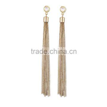 Fashion Long Tassel Dimante Link Chain Bohemian Dangling Stud Earring in Gold Plating For Girls