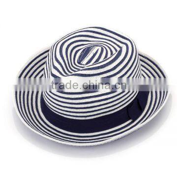 New style panama straw caps blue and white striped homburg hat