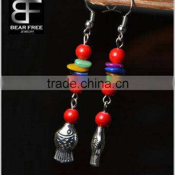 Chinese Ethic Style Round Beads Fish Drop Earrings for Women 5cm Length