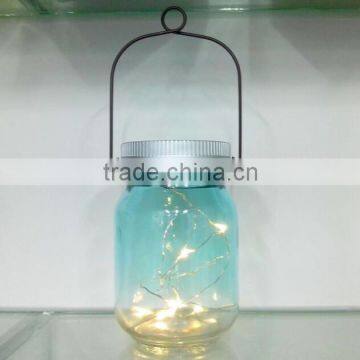 Nice hanging firefly flicker led blue glass mason jar solar light for garden or wedding