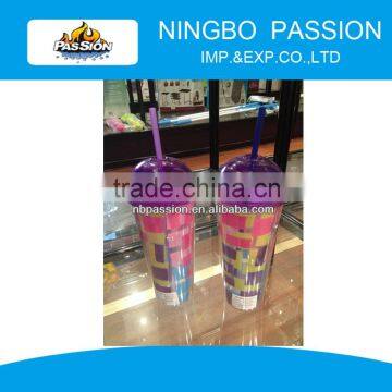 Double Wall Plastic Tumbler with Straw with Printed PVC Sheet