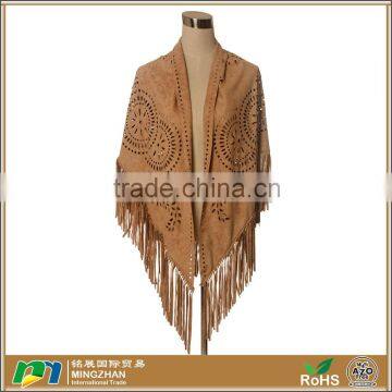 Brown Suedette Laser Cut Leather Fringed Cape Shawl Wrap Scarf