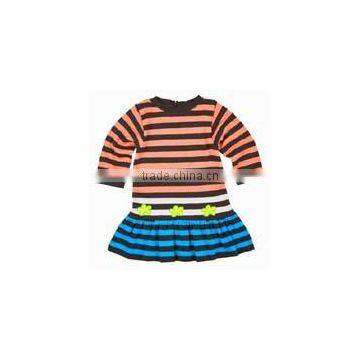 handmade dress girls navy blue pink green striped sweater knit dress with flowers hot dress kids girls