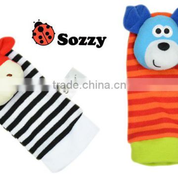 Sozzy plush toy, nursery toy, sozzy foot finder, sozzy baby socks, dog and cow designs