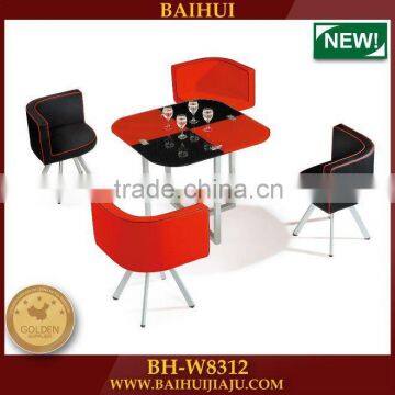 Baihui Glass Table &Leather Fabric chair concise Elegant aluminium chairs and tables