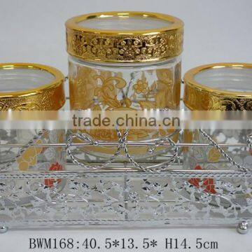 3pcs glass jars with decal or hand drawing in silver rack