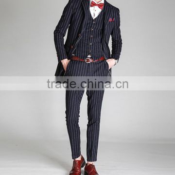 2017 latest design 3 pieces suits with long blazer waistcoat and pants dark blue stripe suite made in china