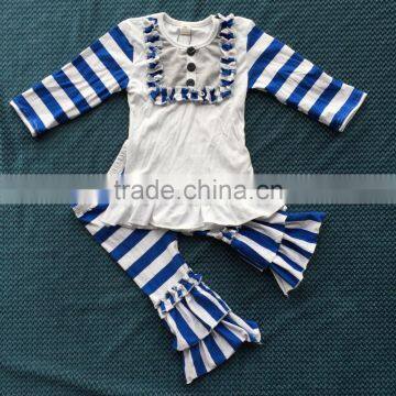 QL-373 stripe long sleeve short ruffle top with bib and ruffle pants baby clothes new design 2016