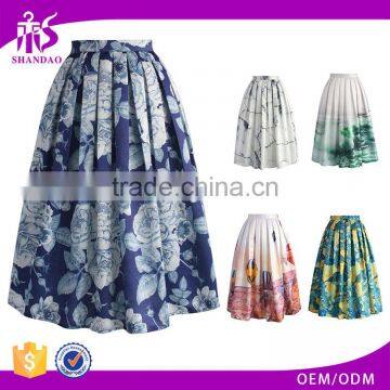 2016 Guangzhou Shandao Manufacturer High Fashion Design Women Casual Pleated High Waist Printed Satin Knee Length Skirts