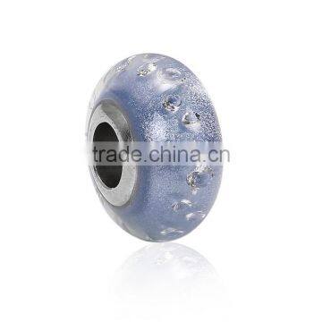 Lampwork Glass & Cubic Zirconia European Style Large Hole Charm Beads Round Blue Clear W/ Stainless Steel Silver Tone Core