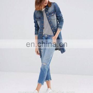 Stretch Denim Fabric Women Blue Long Jean Jacket Wholesale photo-5