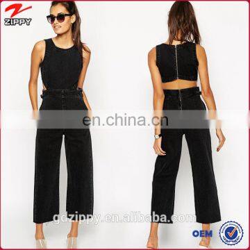 Washed Black Wide Leg Cut Out One Piece Denim Jumpsuit