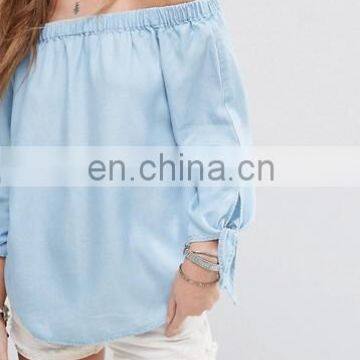 Sexy Off-Shoulder Light Blue Denim Tops With 3/4 Knot Tie Sleeves