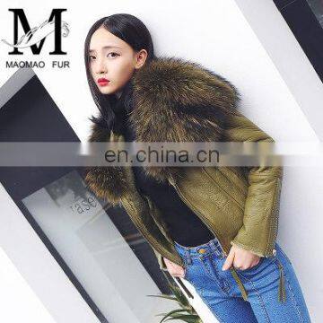 Winter Warm Fashion Real Large Raccoon Fur Collar Sheep Fur Coat / Genuine Merino Sheepskin Women's Leather Coat photo-6