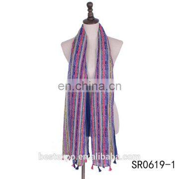 wholesale woman cotton vertical stripe shawl long tassel hijabs made in turkey fashionable scarf