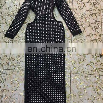 Autumn Winter Black Long Sleeves High Neck Luxury Diamond Women Dress Waist Hollow Out Maxi Dress photo-4