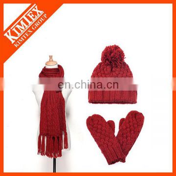 Wholesale knitted red scarf beanie and glove sets