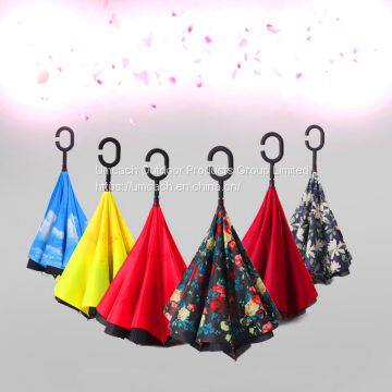 Hot Selling Double Layer Inside Outside Reversible Umbrella With C Handle