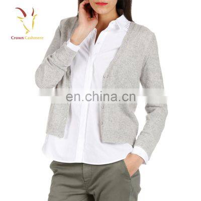 V neck grey cashmere cardigan ladies jumper