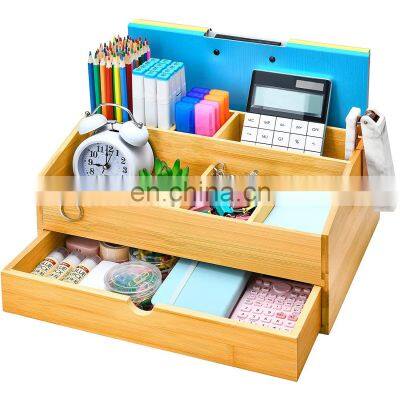 Multifunctional Bamboo Wood Desk Organizer with Drawer Desktop File Organizer with Pen Holder Wood Desk Organizers