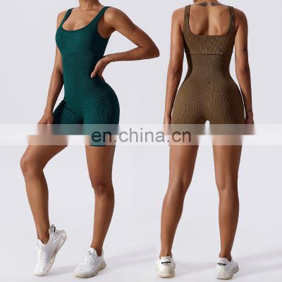 Hot Sale Custom Logo Ribbed Seamless One Piece Padded Sports Bra Jumpsuit Ladies Workout Fitness Gym Yoga Wear Clothes For Women