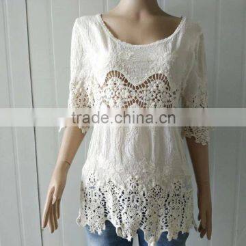 Women Tops Hot Embroidery Cotton Lace Fabric for Half Sleeve Cotton Vest photo-3