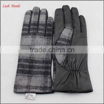 Mens leather and gingham checks fabric gloves touch screen lining polyester