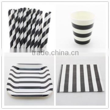 Wholesale Party Paper Supplies Black Striped Paper Plates, Paper Cups, Paper Napkins, Paper Straws, Paper Bags