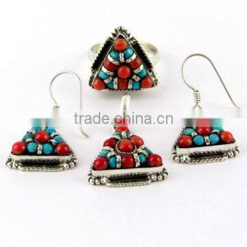 Cute Smile At Me !! Coral_Turquoise 925 Sterling Silver Jewellery Set, Free Shipping Silver Jewellery